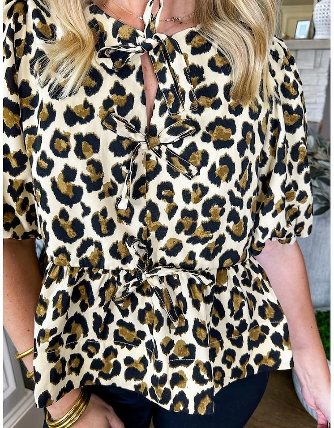 Apricot Leopard Bubble Sleeve Bow Tie Front Peplum Blouse