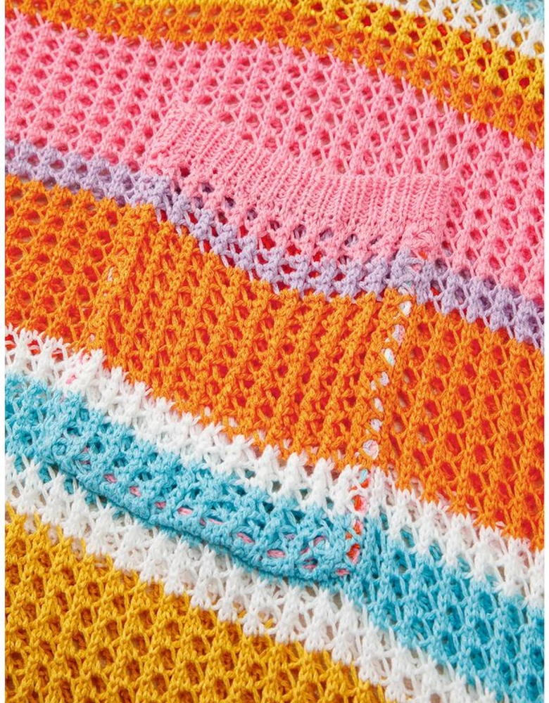 Pink Stripe Plus Size Open Knit Patch Pocket Short Sleeve Sweater