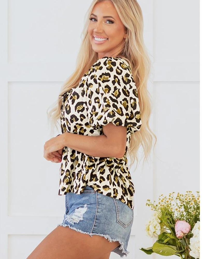 Apricot Leopard Bubble Sleeve Bow Tie Front Peplum Blouse