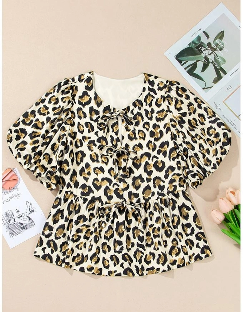 Apricot Leopard Bubble Sleeve Bow Tie Front Peplum Blouse