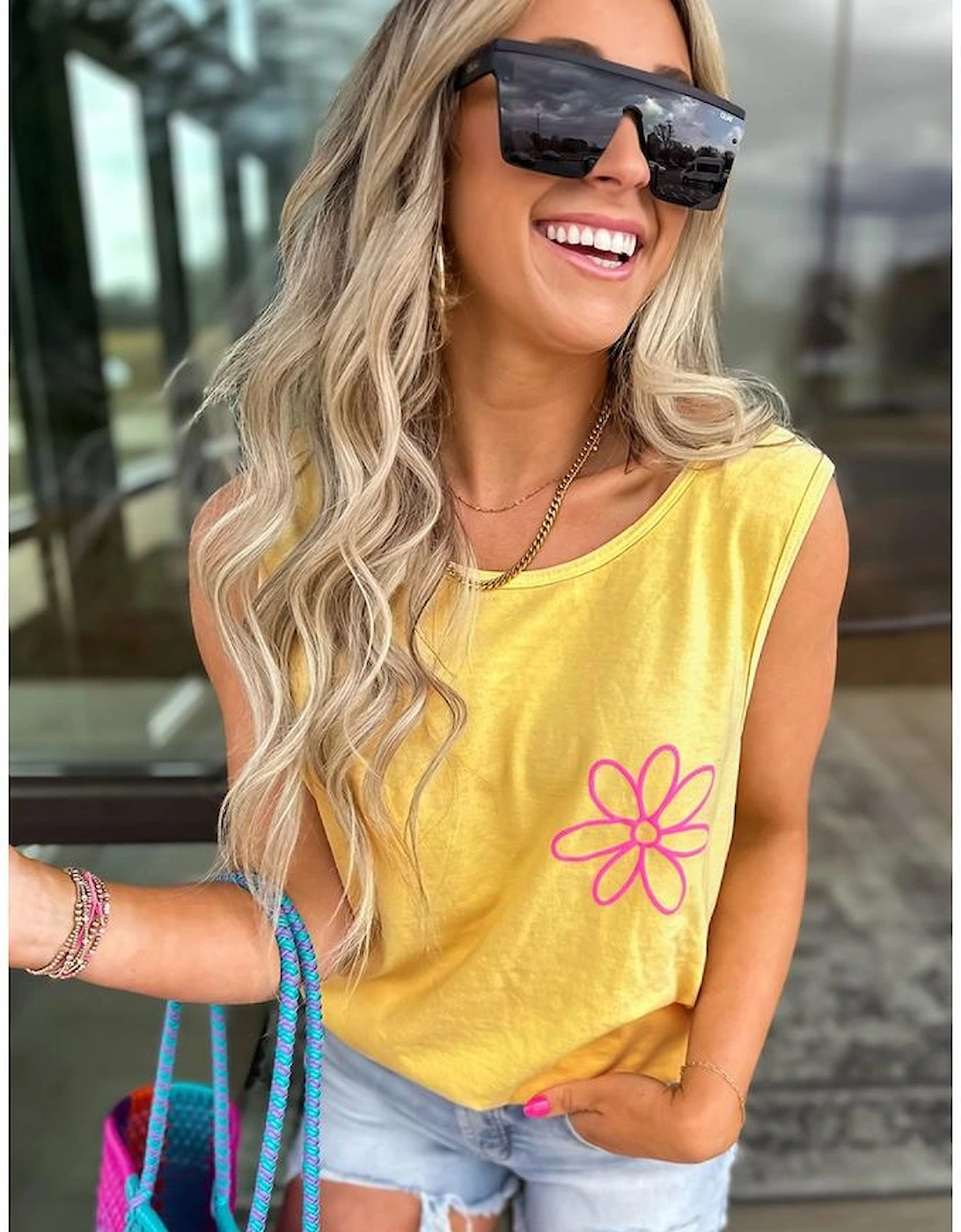 Yellow Cream Flower Graphic Casual Tank Top