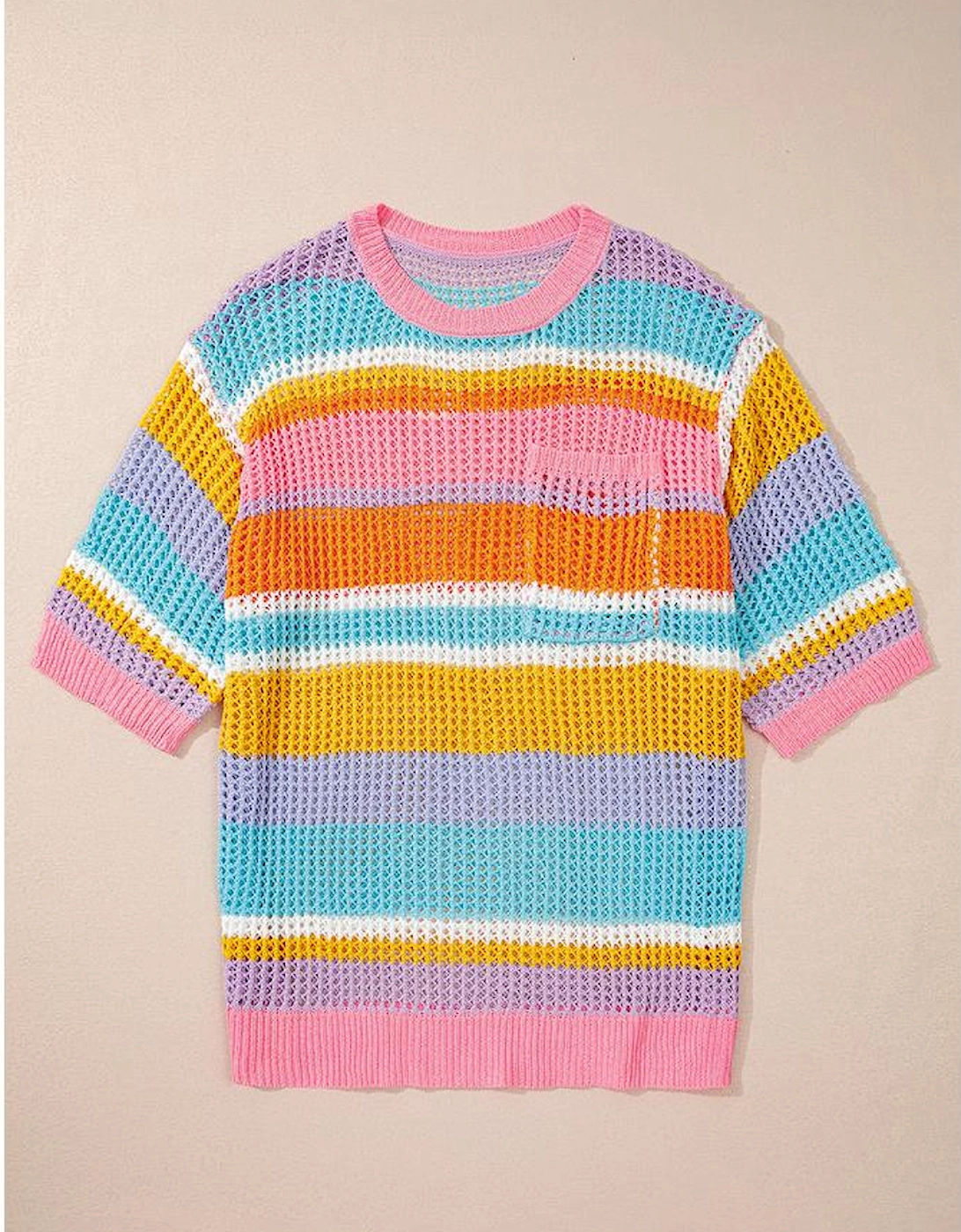 Pink Stripe Plus Size Open Knit Patch Pocket Short Sleeve Sweater