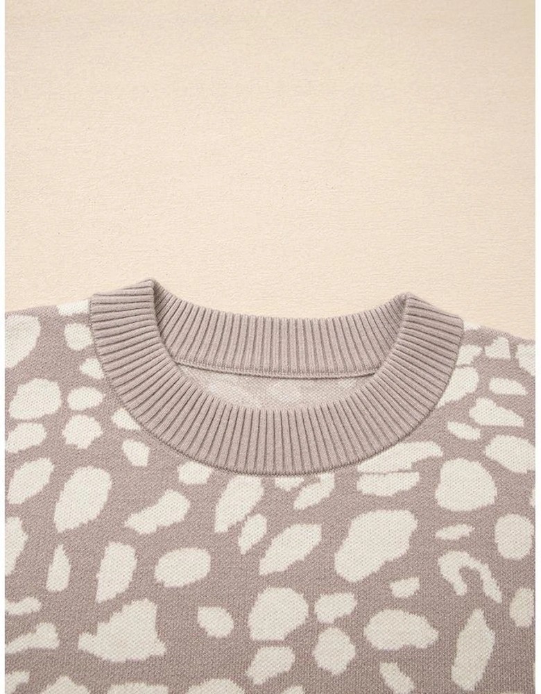 Gray Leopard Spots Pattern Ribbed Trim Drop Shoulder Sweater