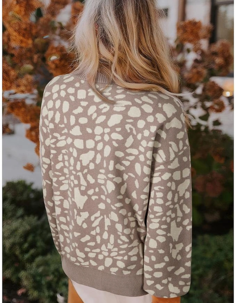 Gray Leopard Spots Pattern Ribbed Trim Drop Shoulder Sweater