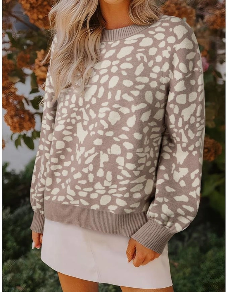 Gray Leopard Spots Pattern Ribbed Trim Drop Shoulder Sweater