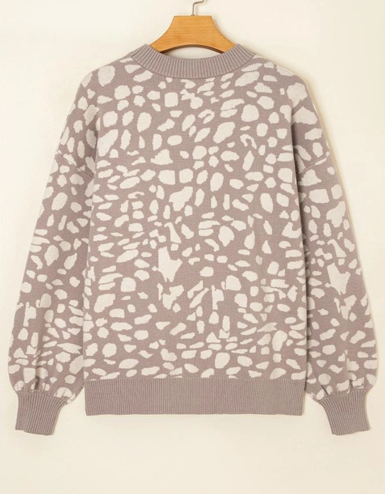 Gray Leopard Spots Pattern Ribbed Trim Drop Shoulder Sweater