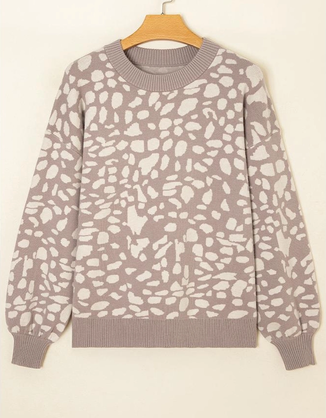 Gray Leopard Spots Pattern Ribbed Trim Drop Shoulder Sweater