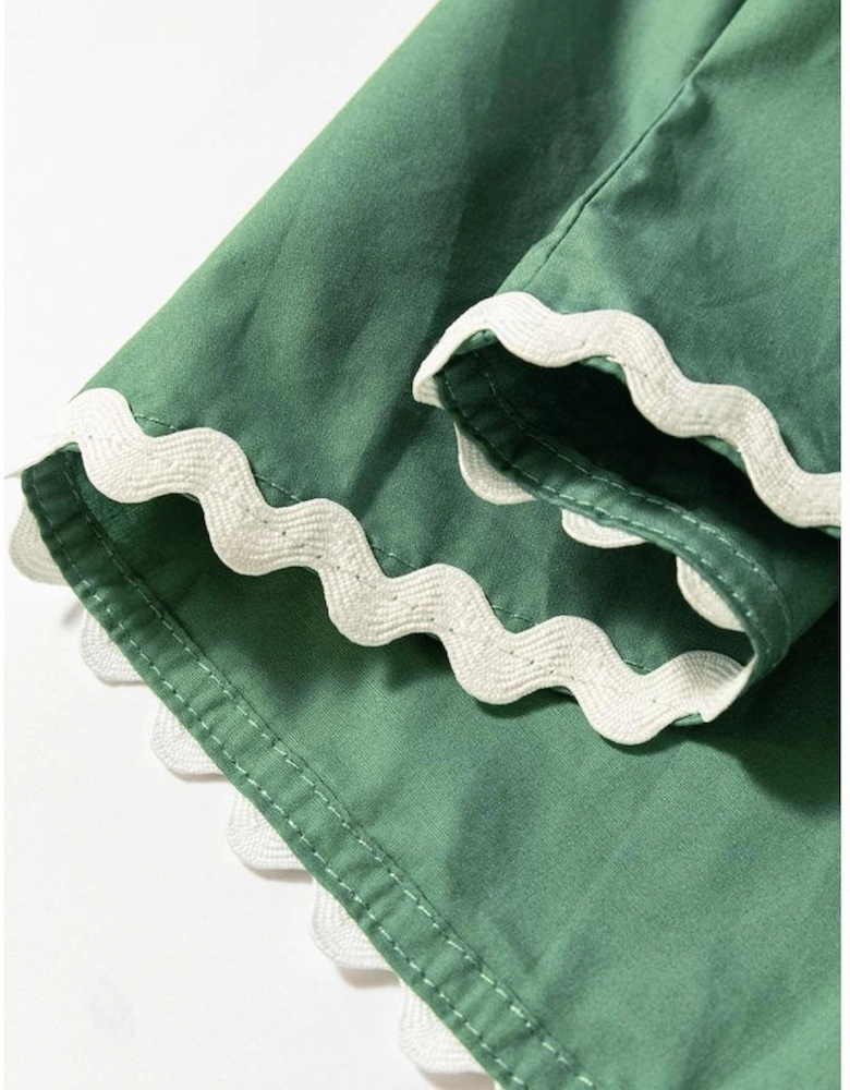 Mist Green Ric Rac Trim Tie Split Neck Short Sleeve Blouse