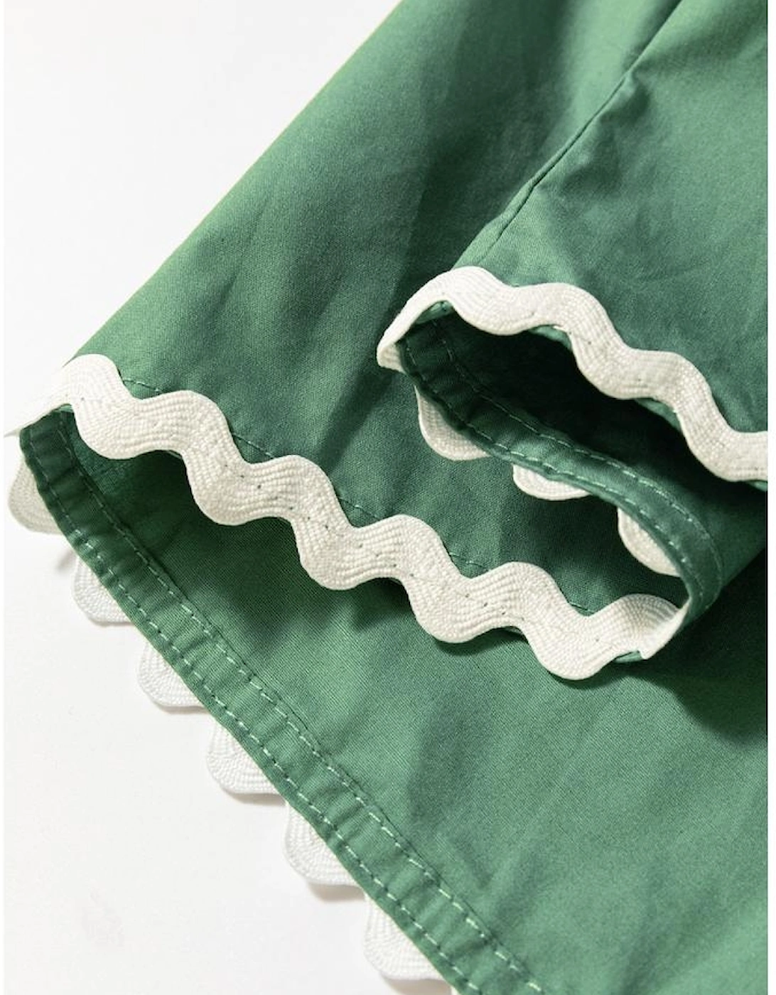 Mist Green Ric Rac Trim Tie Split Neck Short Sleeve Blouse