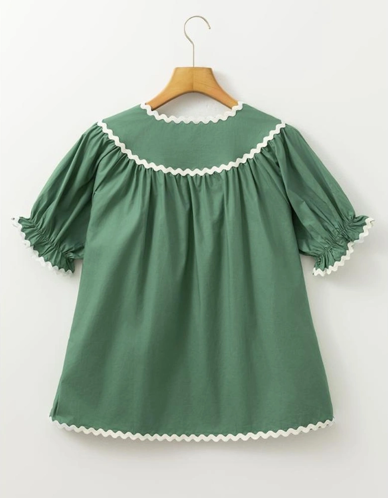Mist Green Ric Rac Trim Tie Split Neck Short Sleeve Blouse