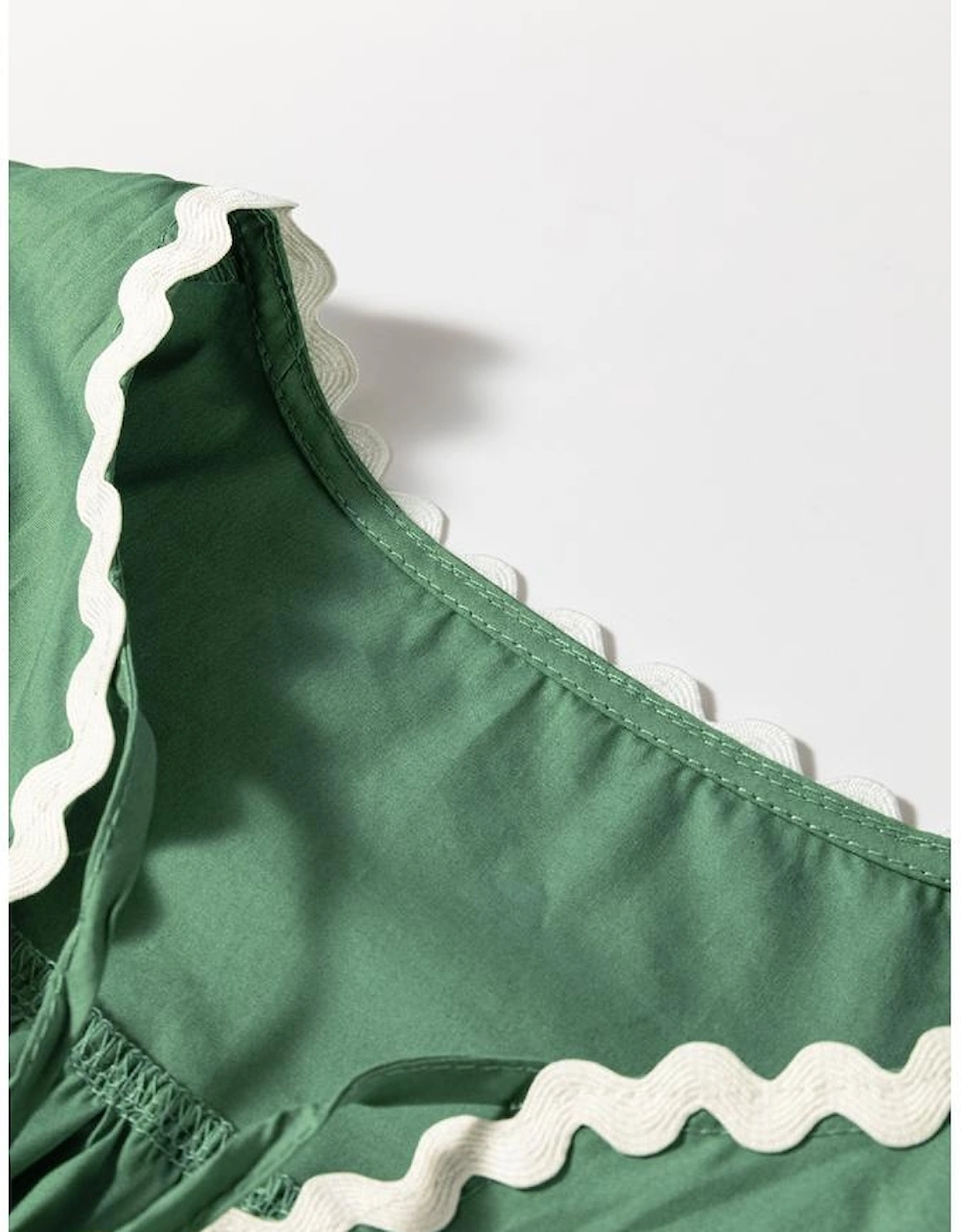 Mist Green Ric Rac Trim Tie Split Neck Short Sleeve Blouse