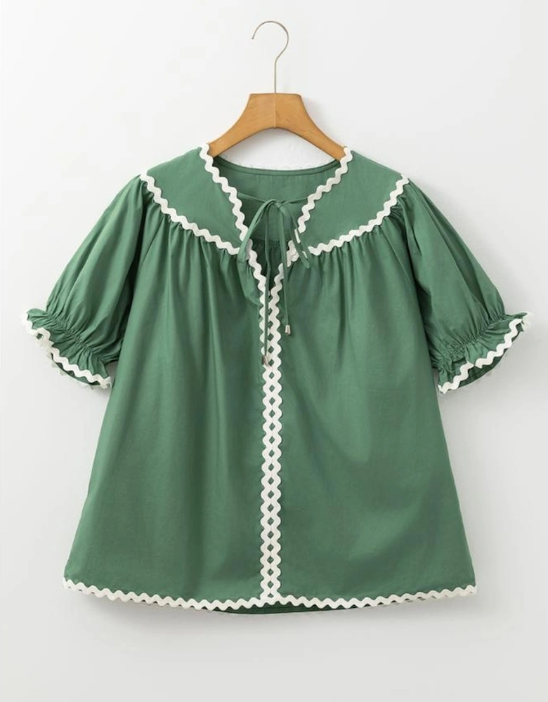 Mist Green Ric Rac Trim Tie Split Neck Short Sleeve Blouse