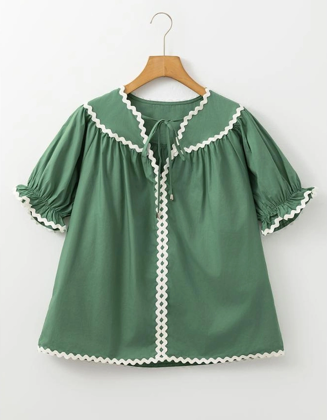 Mist Green Ric Rac Trim Tie Split Neck Short Sleeve Blouse