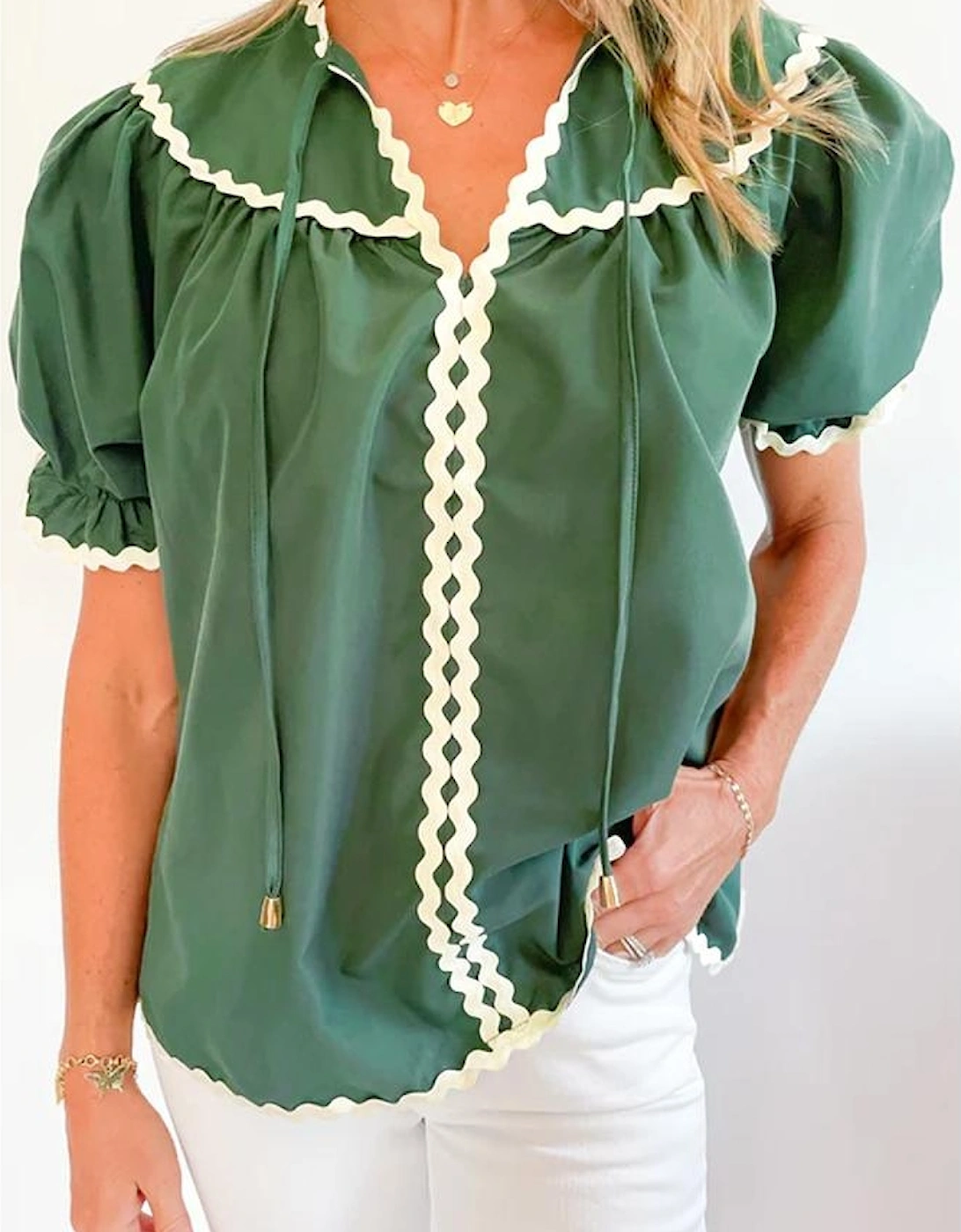 Mist Green Ric Rac Trim Tie Split Neck Short Sleeve Blouse