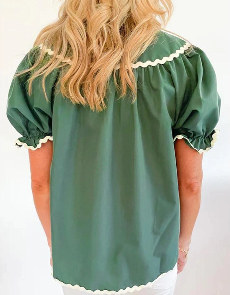 Mist Green Ric Rac Trim Tie Split Neck Short Sleeve Blouse
