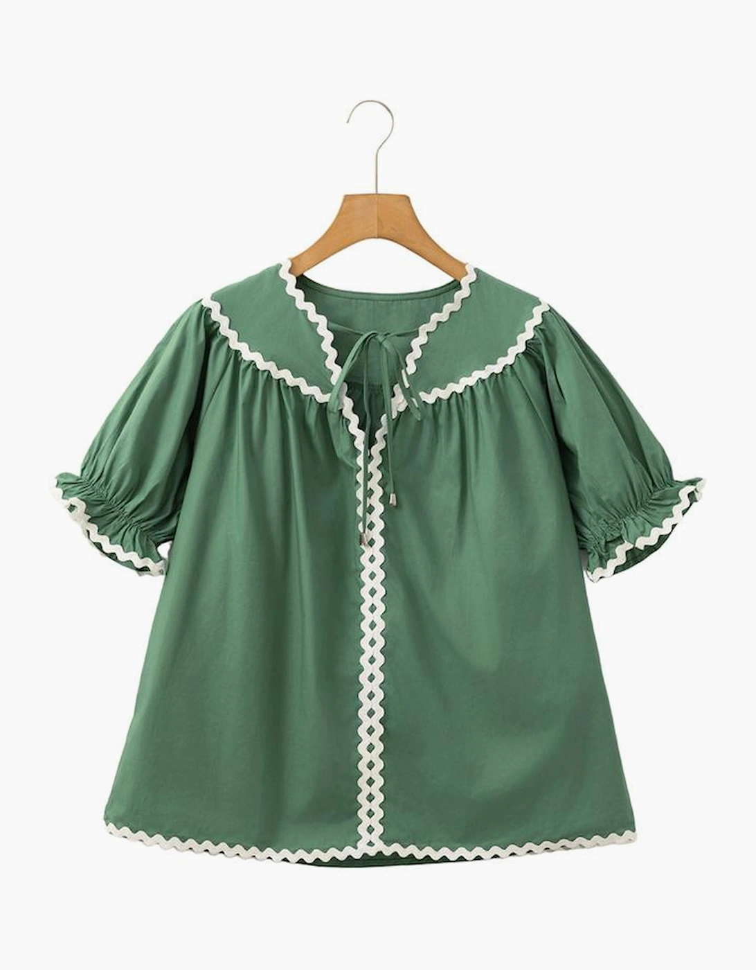 Mist Green Ric Rac Trim Tie Split Neck Short Sleeve Blouse