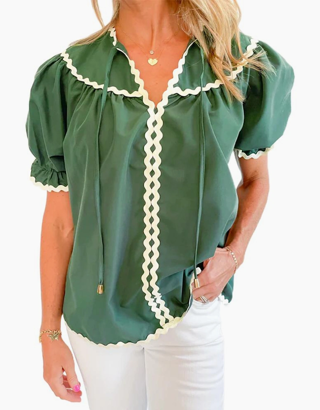 Mist Green Ric Rac Trim Tie Split Neck Short Sleeve Blouse