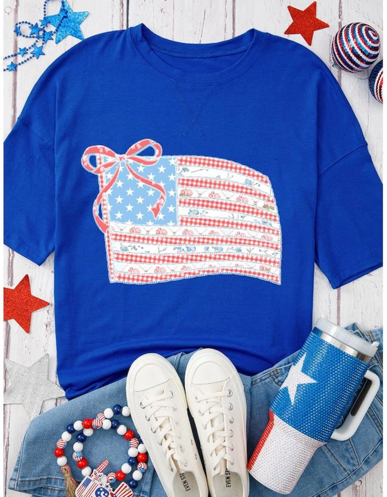 Dark Blue Bowknot Floral American Flag Print Side Slit 4th July T Shirt