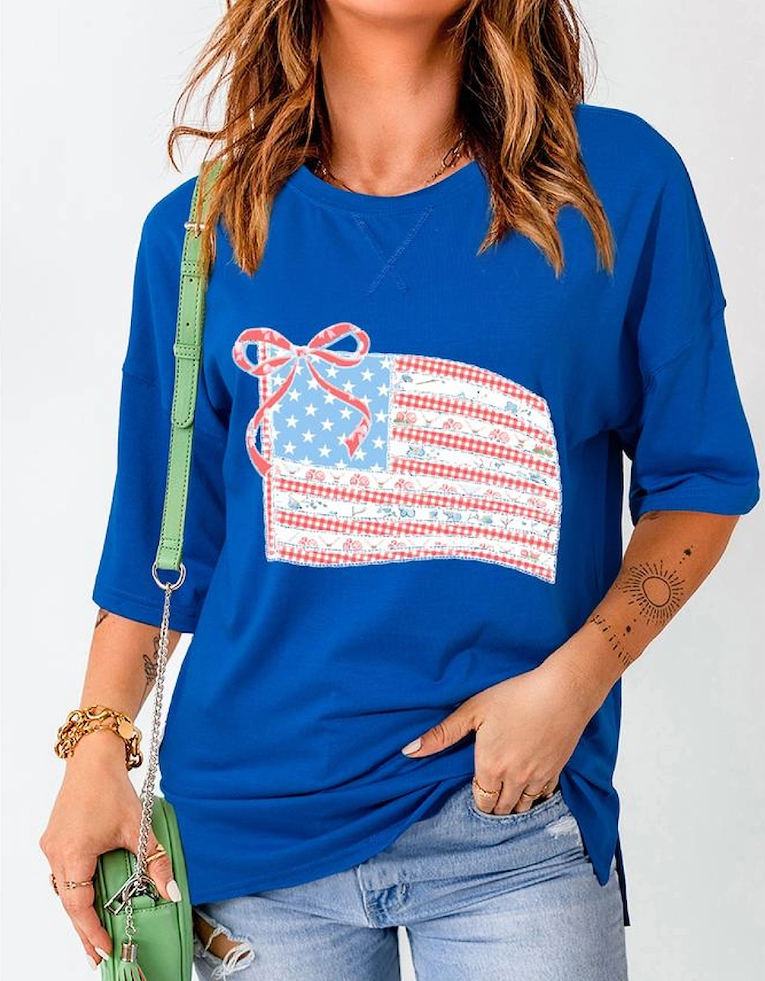 Dark Blue Bowknot Floral American Flag Print Side Slit 4th July T Shirt, 4 of 3