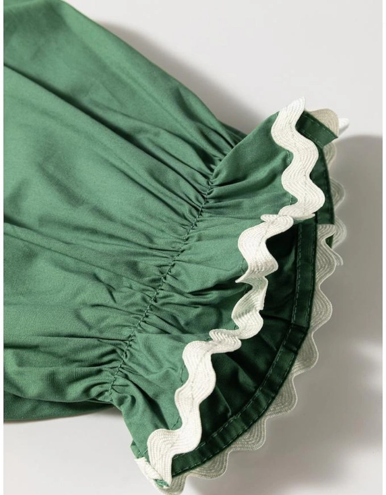 Mist Green Ric Rac Trim Tie Split Neck Short Sleeve Blouse