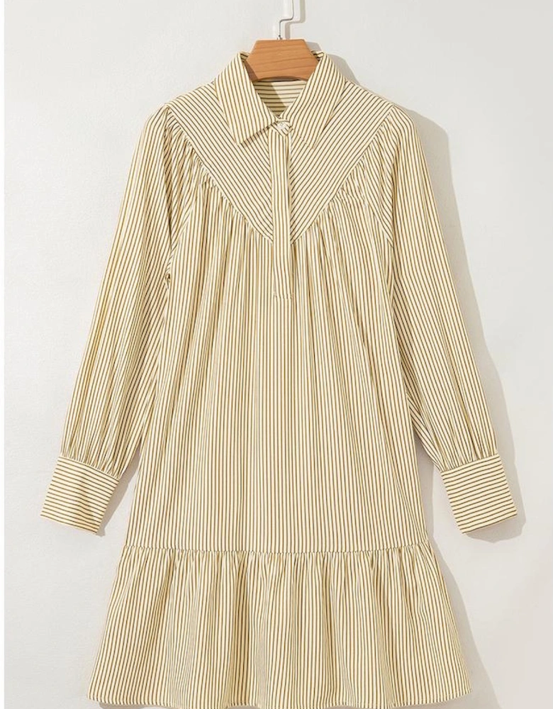 Brown Stripe Collared Neck Cuffed Long Sleeve Drop Waist Mini Dress