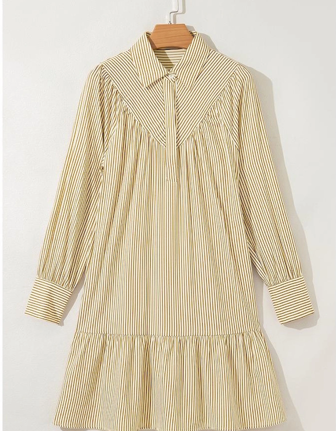 Brown Stripe Collared Neck Cuffed Long Sleeve Drop Waist Mini Dress