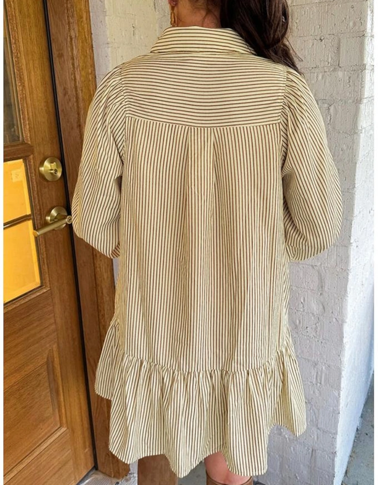 Brown Stripe Collared Neck Cuffed Long Sleeve Drop Waist Mini Dress