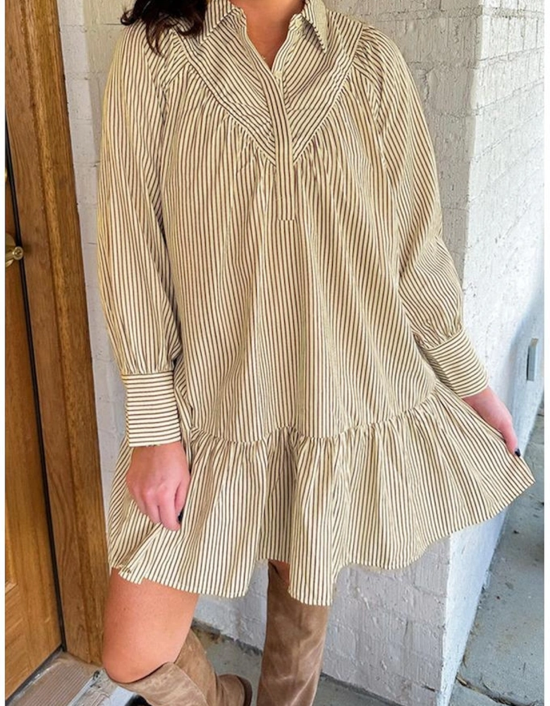 Brown Stripe Collared Neck Cuffed Long Sleeve Drop Waist Mini Dress