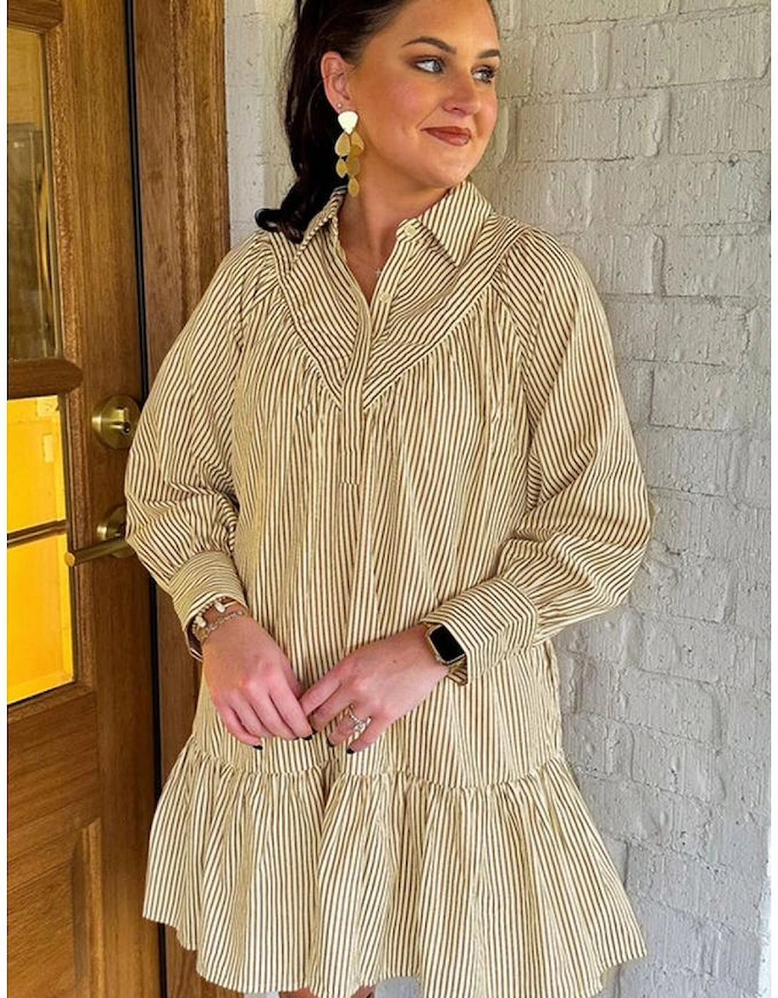 Brown Stripe Collared Neck Cuffed Long Sleeve Drop Waist Mini Dress