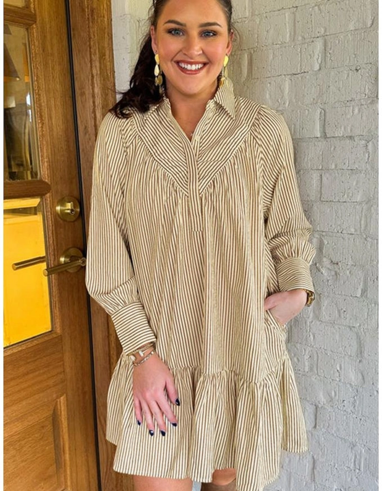 Brown Stripe Collared Neck Cuffed Long Sleeve Drop Waist Mini Dress