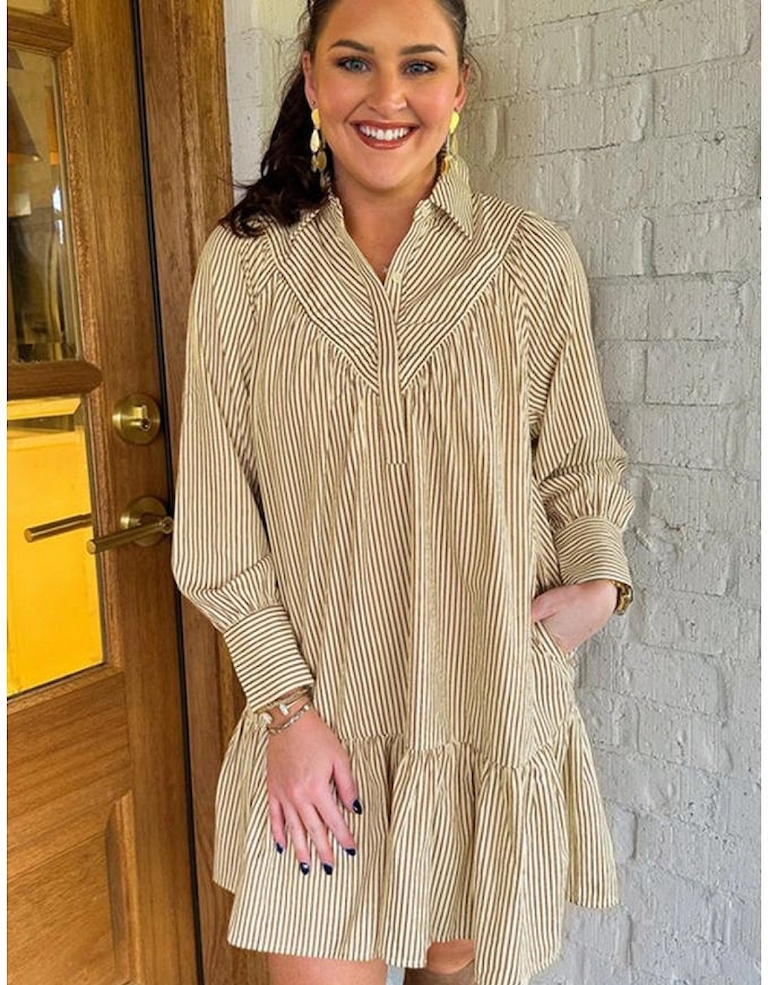 Brown Stripe Collared Neck Cuffed Long Sleeve Drop Waist Mini Dress