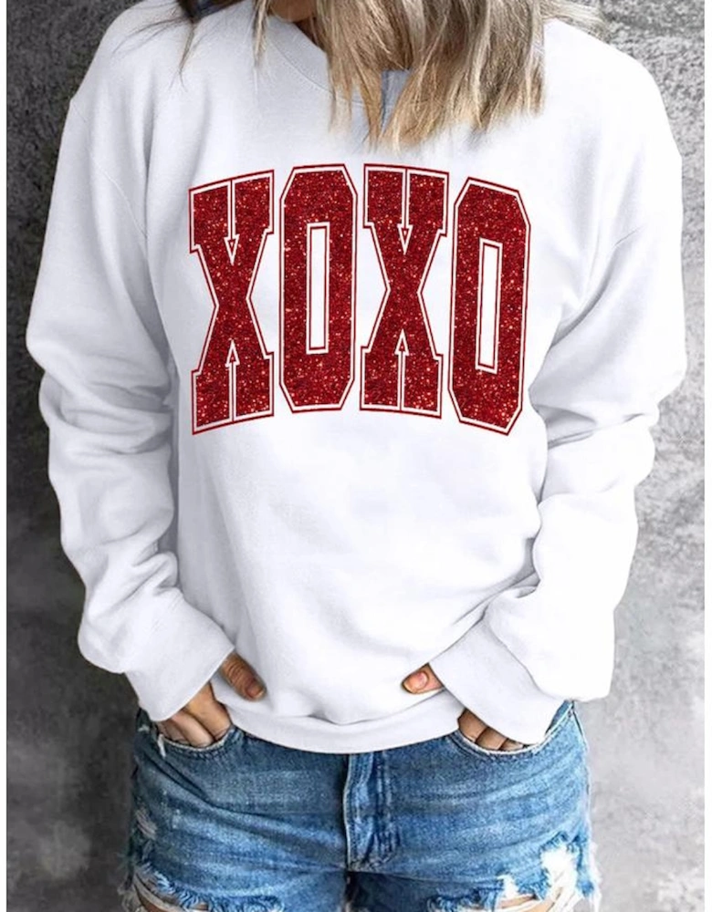 White Glitter XOXO Graphic Crewneck Valentines Pullover Sweatshirt