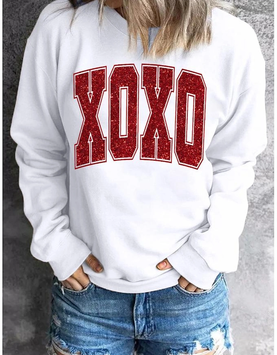 White Glitter XOXO Graphic Crewneck Valentines Pullover Sweatshirt, 10 of 9