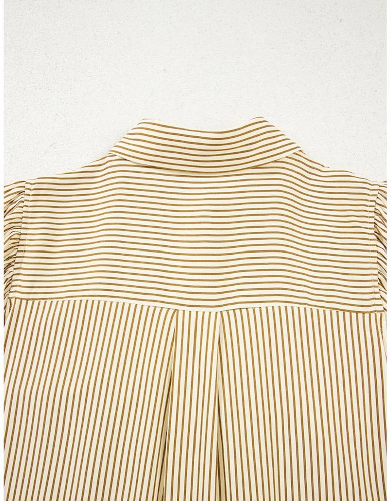 Brown Stripe Collared Neck Cuffed Long Sleeve Drop Waist Mini Dress