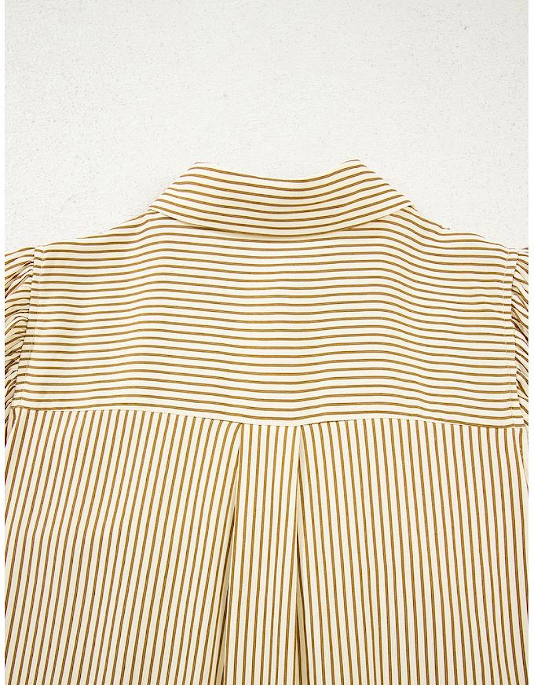 Brown Stripe Collared Neck Cuffed Long Sleeve Drop Waist Mini Dress