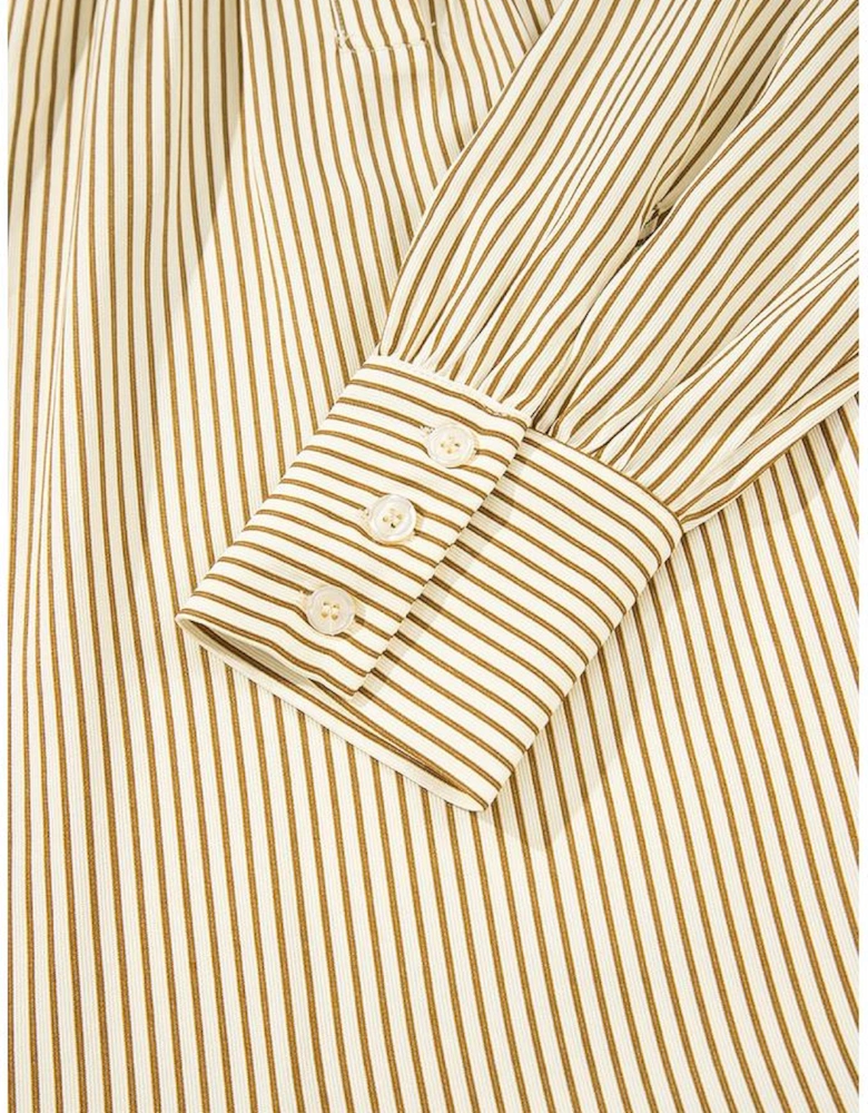 Brown Stripe Collared Neck Cuffed Long Sleeve Drop Waist Mini Dress