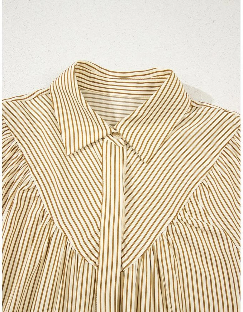 Brown Stripe Collared Neck Cuffed Long Sleeve Drop Waist Mini Dress