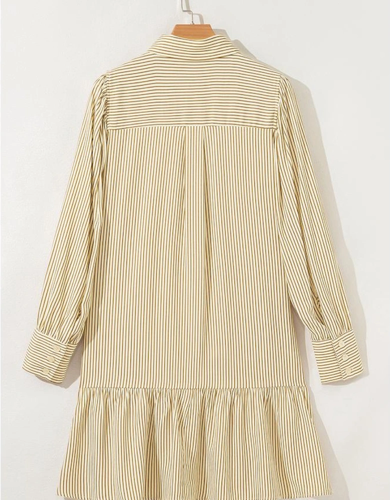 Brown Stripe Collared Neck Cuffed Long Sleeve Drop Waist Mini Dress