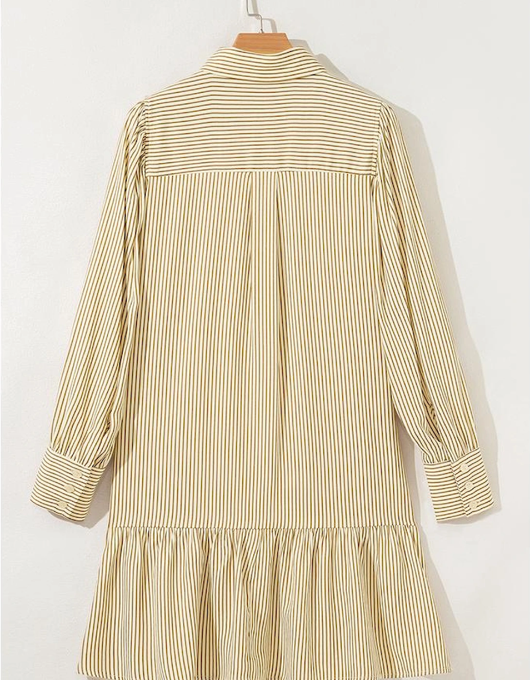 Brown Stripe Collared Neck Cuffed Long Sleeve Drop Waist Mini Dress