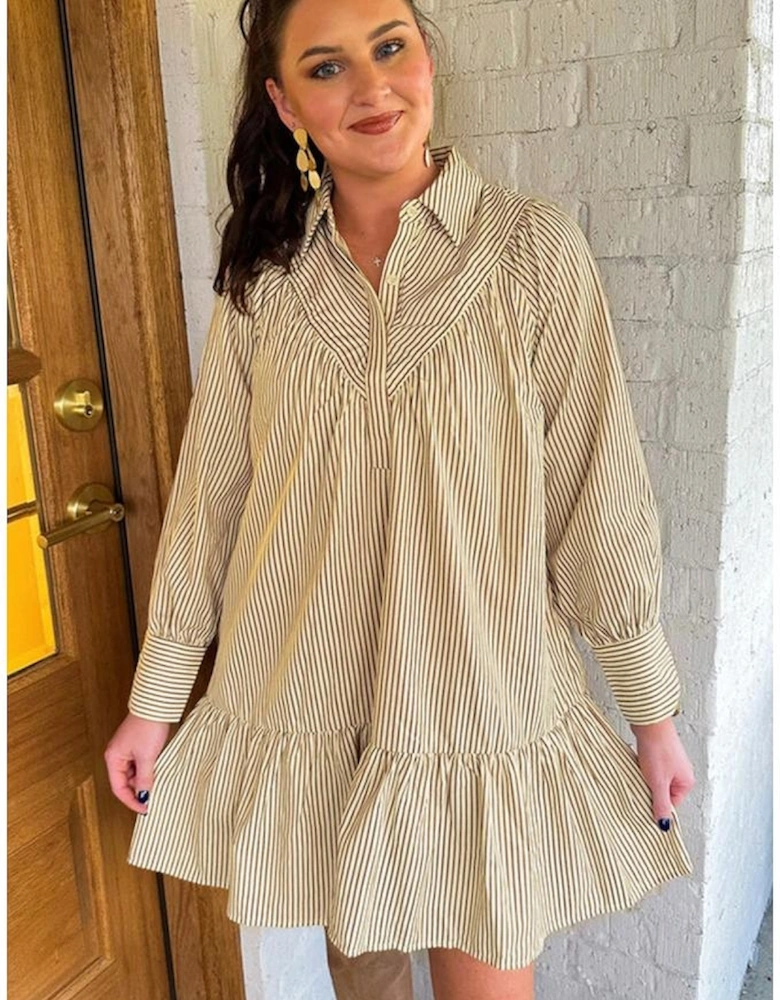 Brown Stripe Collared Neck Cuffed Long Sleeve Drop Waist Mini Dress