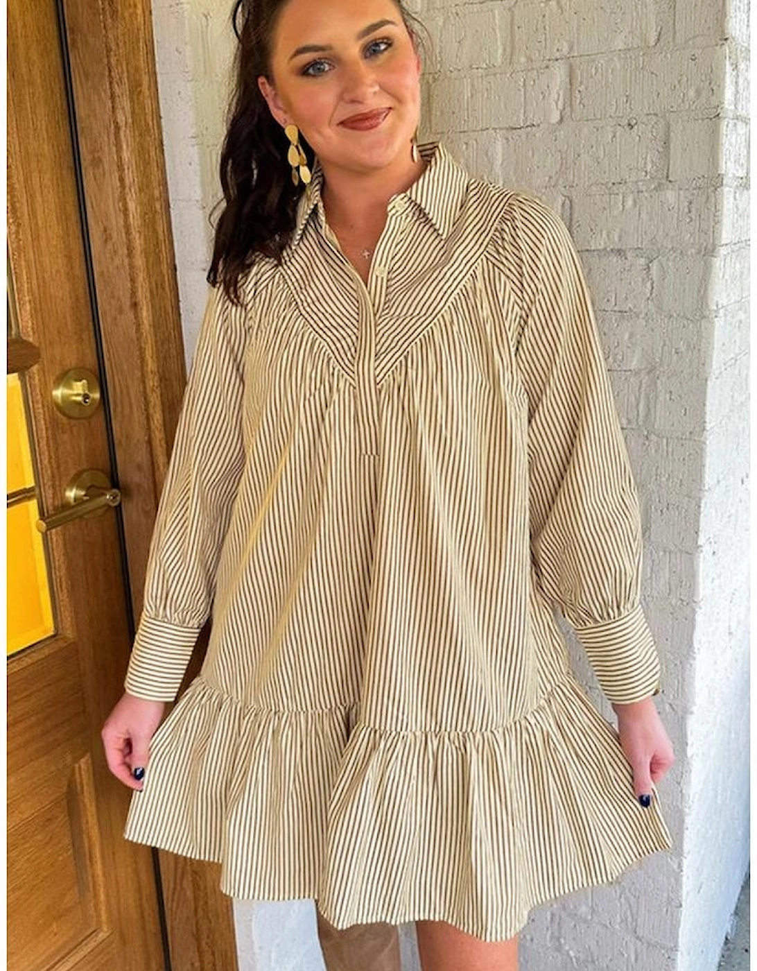 Brown Stripe Collared Neck Cuffed Long Sleeve Drop Waist Mini Dress