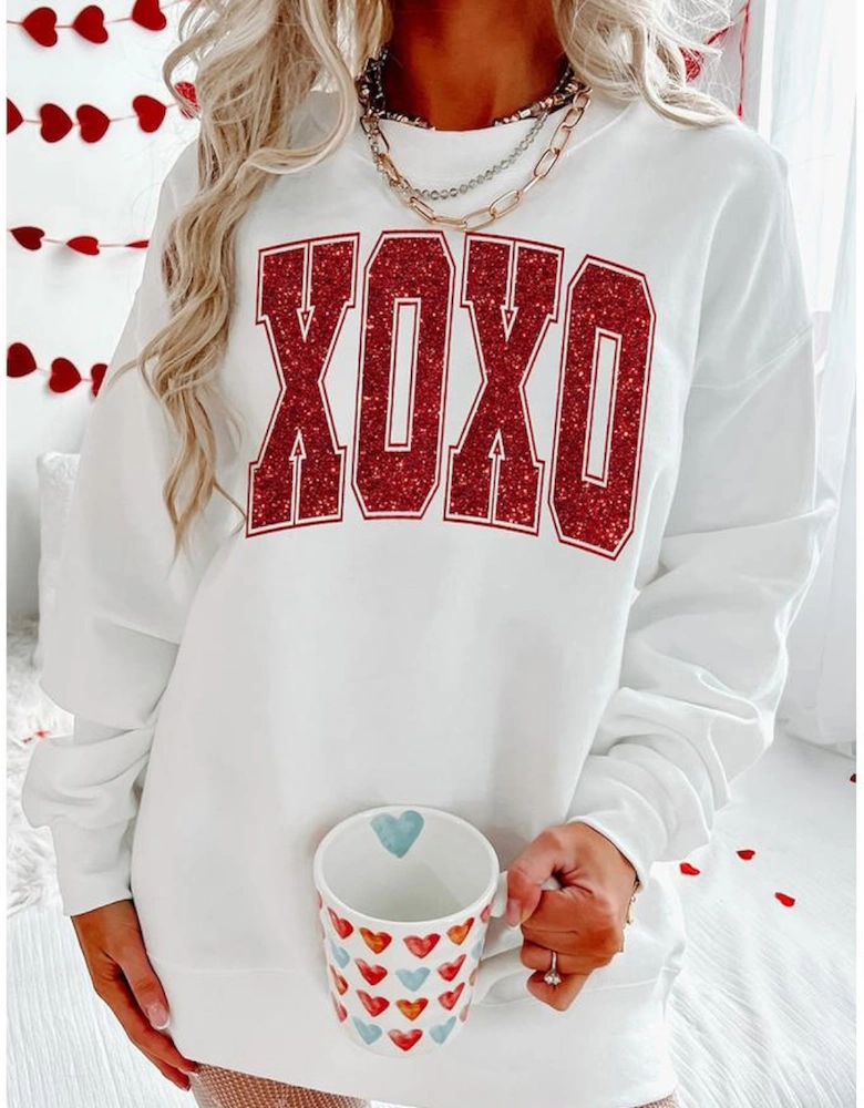 White Glitter XOXO Graphic Crewneck Valentines Pullover Sweatshirt