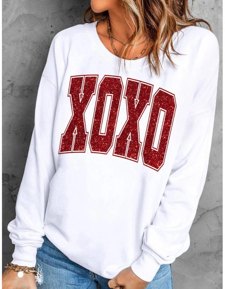 White Glitter XOXO Graphic Crewneck Valentines Pullover Sweatshirt