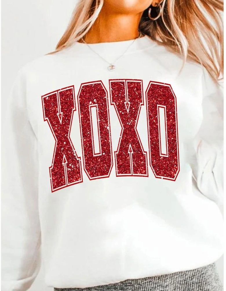White Glitter XOXO Graphic Crewneck Valentines Pullover Sweatshirt