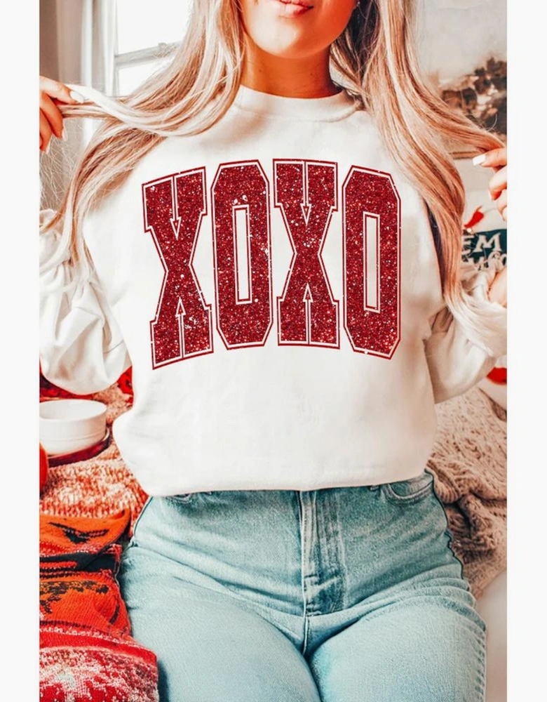 White Glitter XOXO Graphic Crewneck Valentines Pullover Sweatshirt