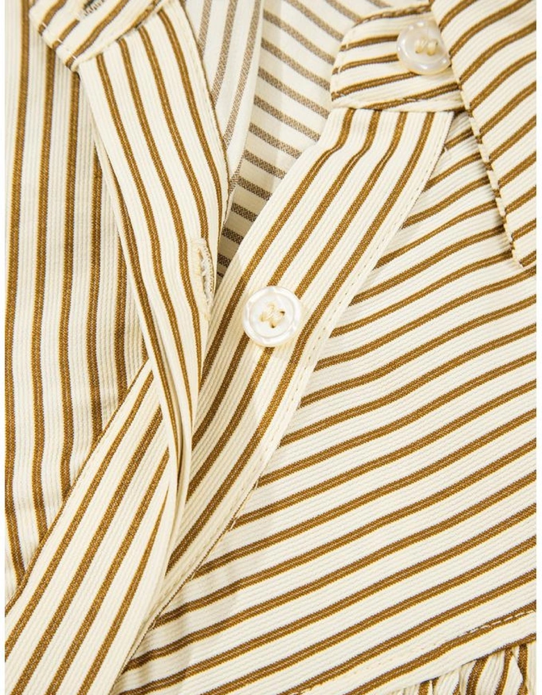 Brown Stripe Collared Neck Cuffed Long Sleeve Drop Waist Mini Dress