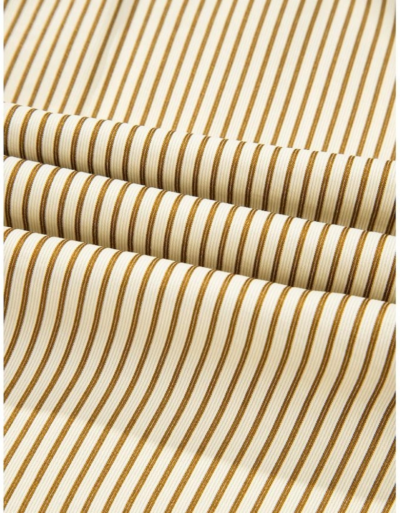 Brown Stripe Collared Neck Cuffed Long Sleeve Drop Waist Mini Dress