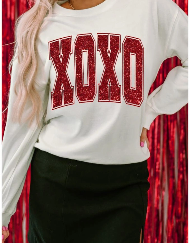 White Glitter XOXO Graphic Crewneck Valentines Pullover Sweatshirt