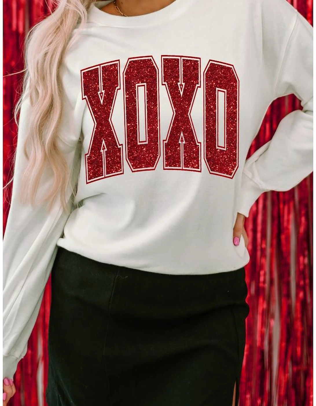 White Glitter XOXO Graphic Crewneck Valentines Pullover Sweatshirt