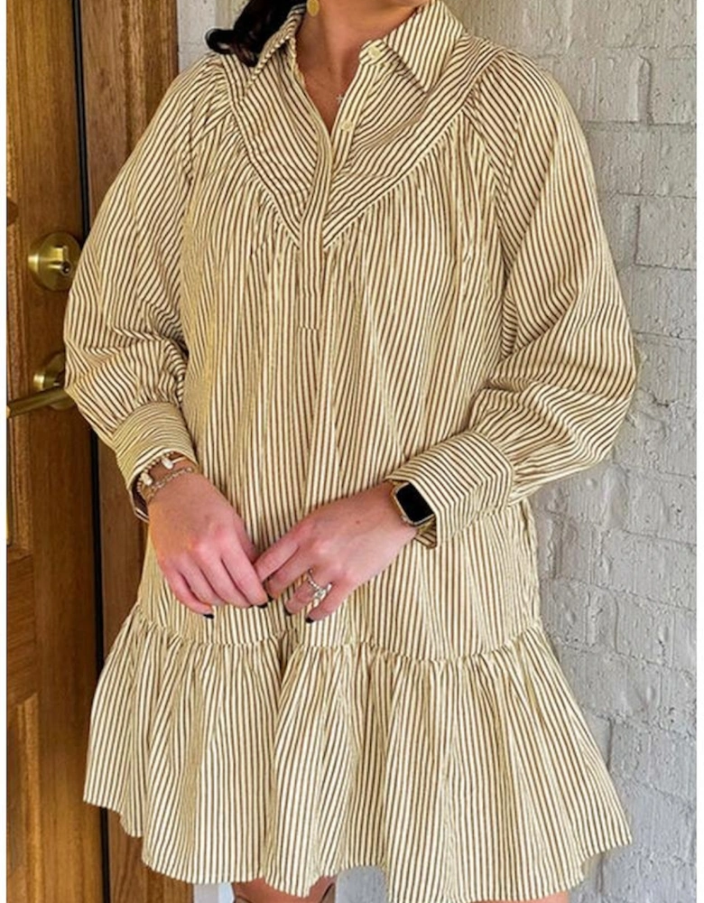 Brown Stripe Collared Neck Cuffed Long Sleeve Drop Waist Mini Dress